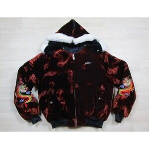 Vintage 70s Korea Sukajan Bomber Jacket Velvet Embroidered Dragon Fur Hood